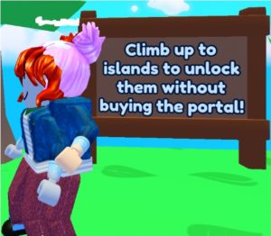 Roblox“敲击模拟器”游戏的领导文章截图，带有卡通人物阅读标志，上面写着“不购买传送门就能爬上岛屿解锁它们!”